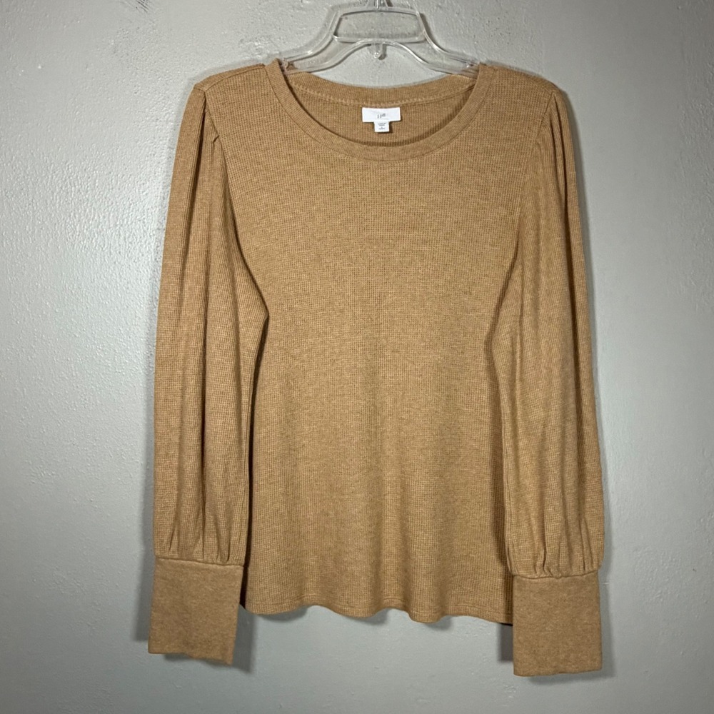 J. Jill Womens Brown Waffle Knit Puff Sleeve Button Cuff Top L Petite 326392